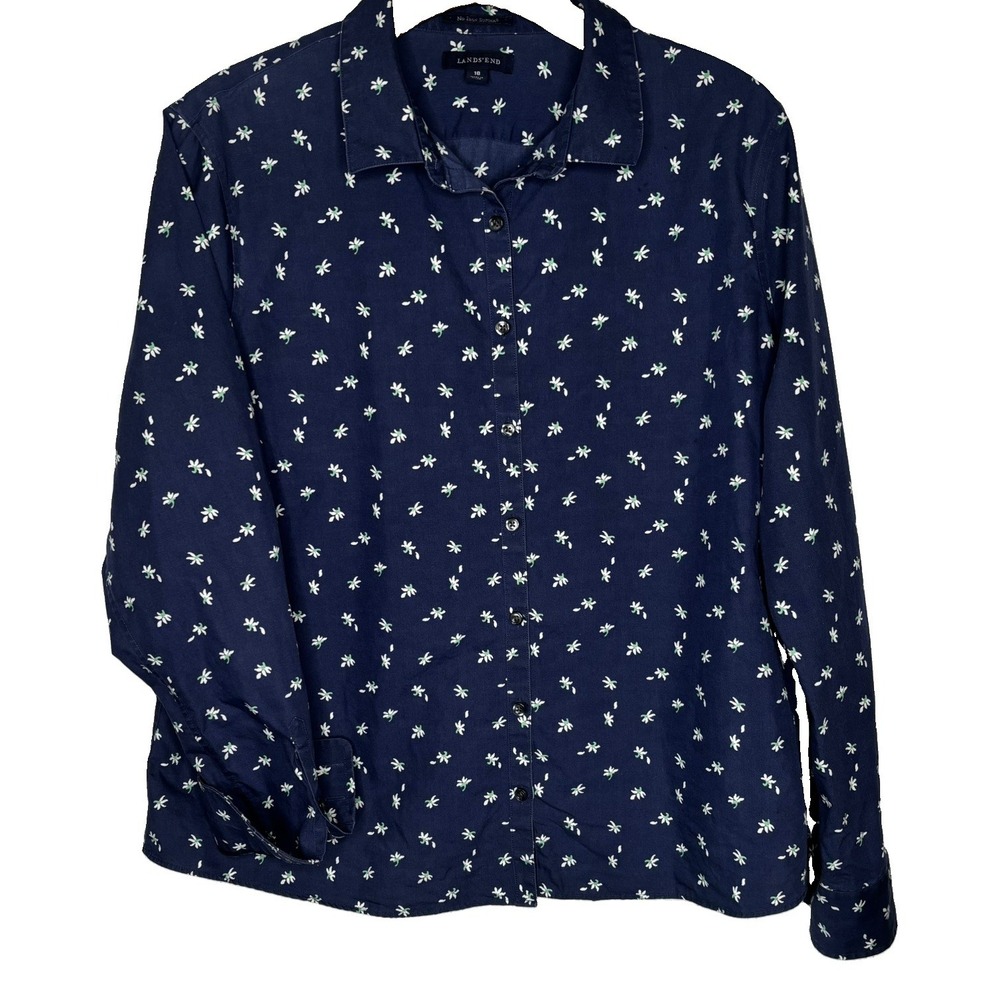 Lands End Shirt Button Up Long Sleeve Blue Flowers Supima Cotton Classic Preppy